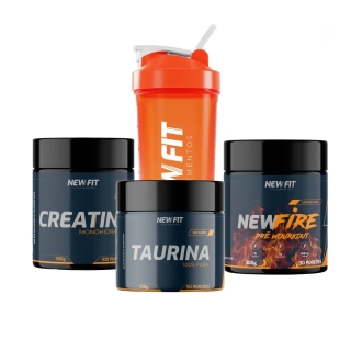 Kit Energia Total New Fit: Pré-Treino 300g + Creatina 300g + Taurina 100g + Coqueteleira