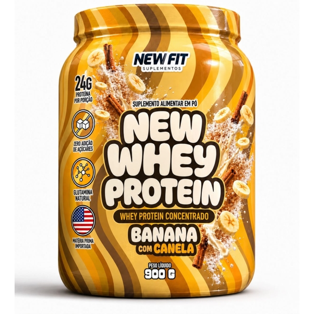New Whey Protein 900g – 24g de Proteína por Dose – Sabor Banana com Canela – New Fit Suplementos