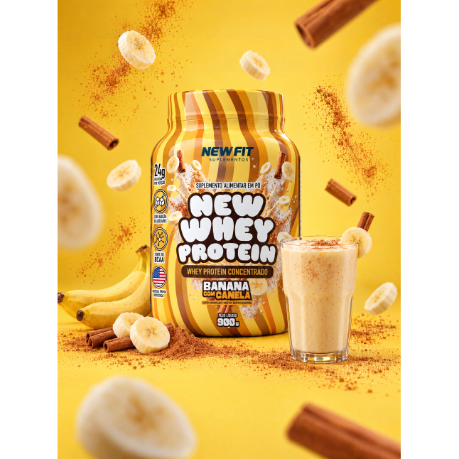 New Whey Protein Sabor Banana com Canela 900g – 24g de Proteína por Dose | New Fit Suplementos