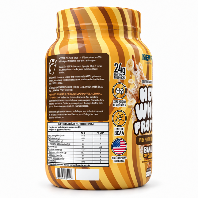 New Whey Protein Sabor Banana com Canela 900g – 24g de Proteína por Dose | New Fit Suplementos