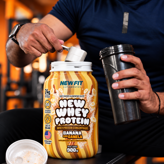 New Whey Protein Sabor Banana com Canela 900g – 24g de Proteína por Dose | New Fit Suplementos