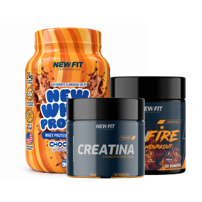 Kit New Whey Protein Chocotine 900g + Creatina 300g + Pré-Treino 300g – Energia, Força e Recuperação