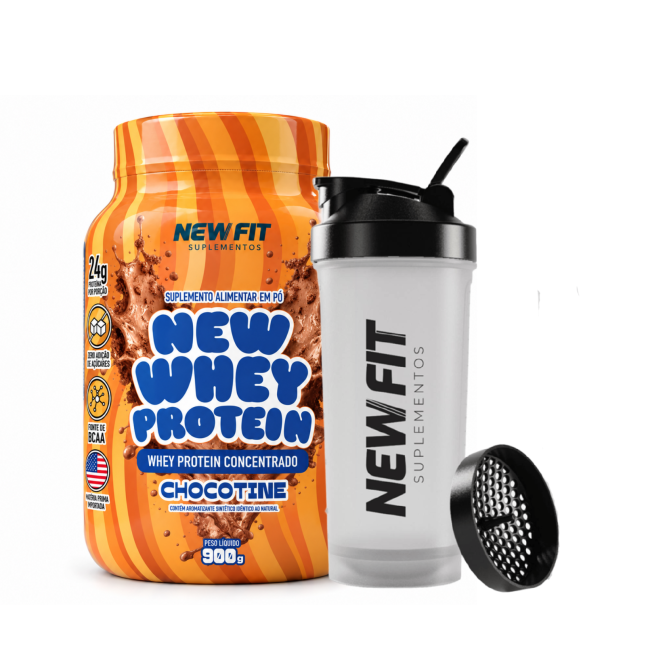 Kit New Whey Protein Chocotine 900g + Coqueteleira – Proteína com Praticidade no Dia a Dia
